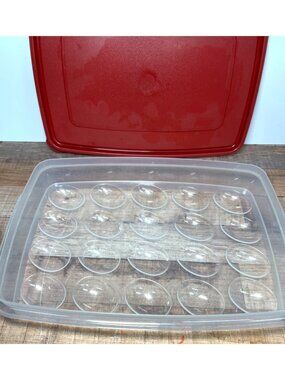 Red Plastic Deviled Egg Storage Container With Lid – Holds 24 Eggs – 12x9x2 I''